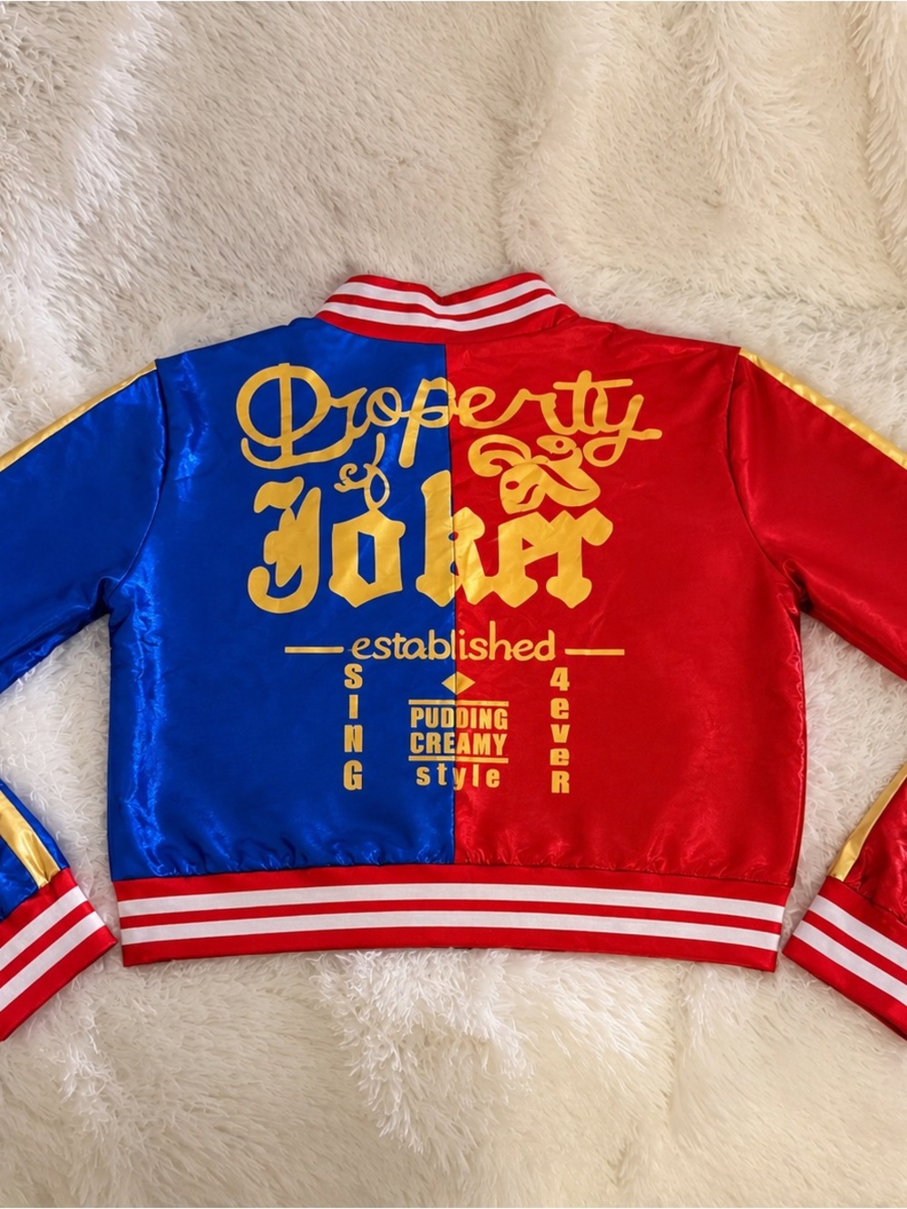 Harley Quinn Blue & Red Satin Bomber Jacket with Gold Script Size S